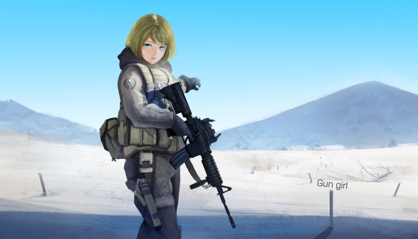 1girl absurdres armpit_holster badge bag bangs belt black_gloves blonde_hair blue_eyes blue_sky blush breath closed_mouth desert gloves gun handgun highres holding_gun holding_weapon holster hood hood_down kumamon_(a20130122) long_sleeves looking_at_viewer military military_uniform mole mole_under_eye mountain original outdoors outstretched_arm pants pointing red_lips rifle scenery shade short_hair sky solo standing stick text thigh_holster trigger_discipline uniform weapon