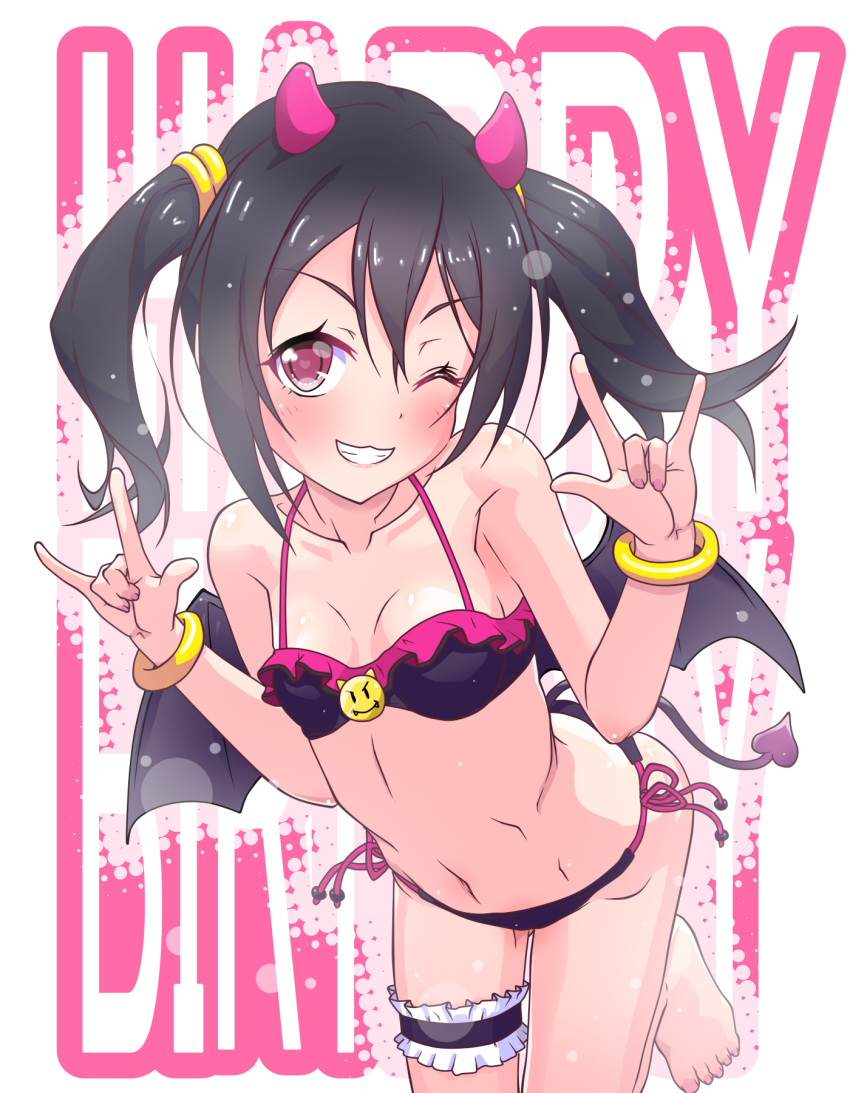 1girl ;) \m/ barefoot bikini black_hair blush bracelet demon_girl demon_tail demon_wings double_\m/ grin heart heart-shaped_pupils highres horns jewelry k10k leg_garter looking_at_viewer love_live!_school_idol_project navel nico_nico_nii one_eye_closed red_eyes side-tie_bikini small_breasts smile solo swimsuit symbol-shaped_pupils tail twintails wings yazawa_nico