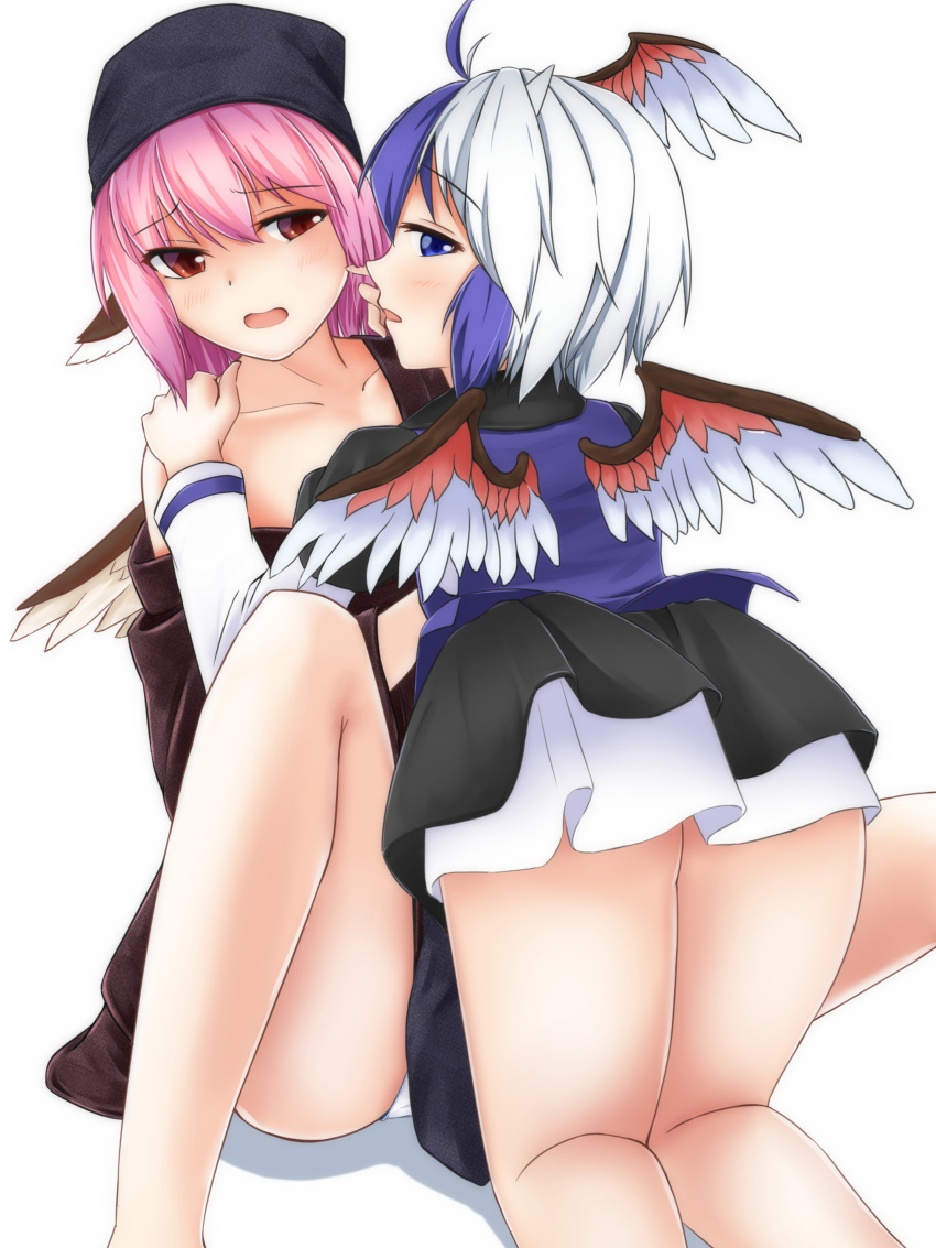 2girls :o absurdres animal_ears antenna_hair ass blue_eyes blue_hair blush cheek_poking collarbone commentary_request feathered_wings hand_on_another's_shoulder head_scarf head_wings highres horns kneeling layered_clothing long_sleeves looking_at_another looking_at_viewer looking_back multicolored_hair multicolored_wings multiple_girls mystia_lorelei off_shoulder okamisty panties pantyshot pantyshot_(sitting) pink_hair poking pokio red_eyes red_wings simple_background single_head_wing single_wing sitting skirt tokiko_(touhou) two-tone_hair underwear white_background white_hair white_panties wings yuri