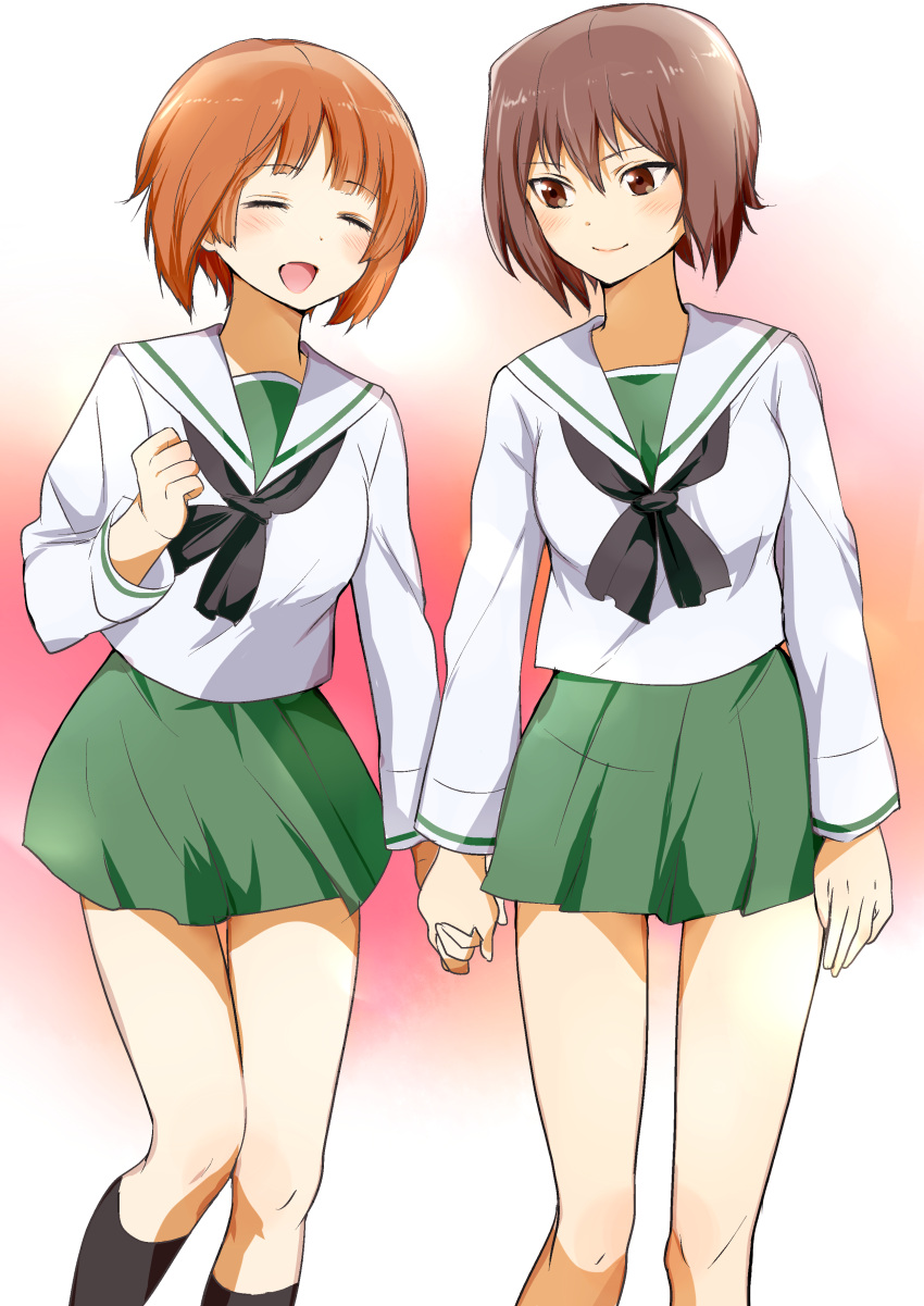 2girls absurdres black_legwear blush brown_eyes brown_hair closed_eyes cosplay girls_und_panzer green_skirt highres holding_hands kneehighs long_sleeves looking_at_another miniskirt multiple_girls neckerchief nishizumi_maho nishizumi_miho open_mouth pleated_skirt school_uniform serafuku short_hair siblings side-by-side sisters skirt smile standing sushimako white_blouse