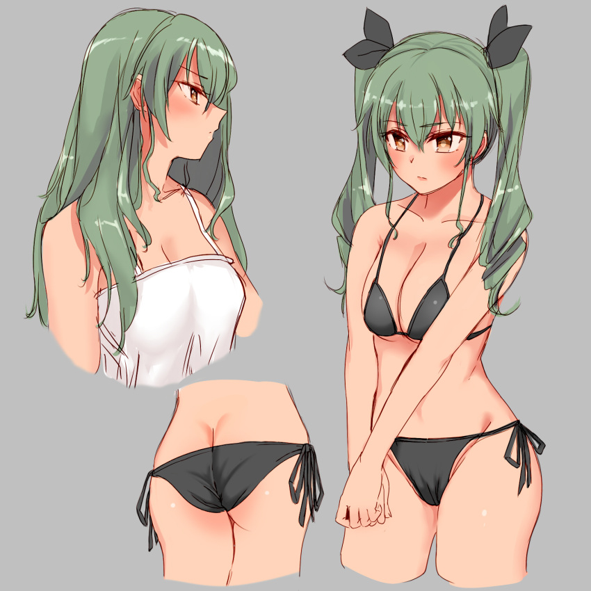 1girl alternate_hairstyle anchovy ass bikini black_bikini brown_eyes camisole commentary cowboy_shot drill_hair from_side girls_und_panzer green_hair grey_background hair_down hair_ribbon hands_together highres kento1102 long_hair ribbon side-tie_bikini sketch solo standing swimsuit twin_drills twintails upper_body