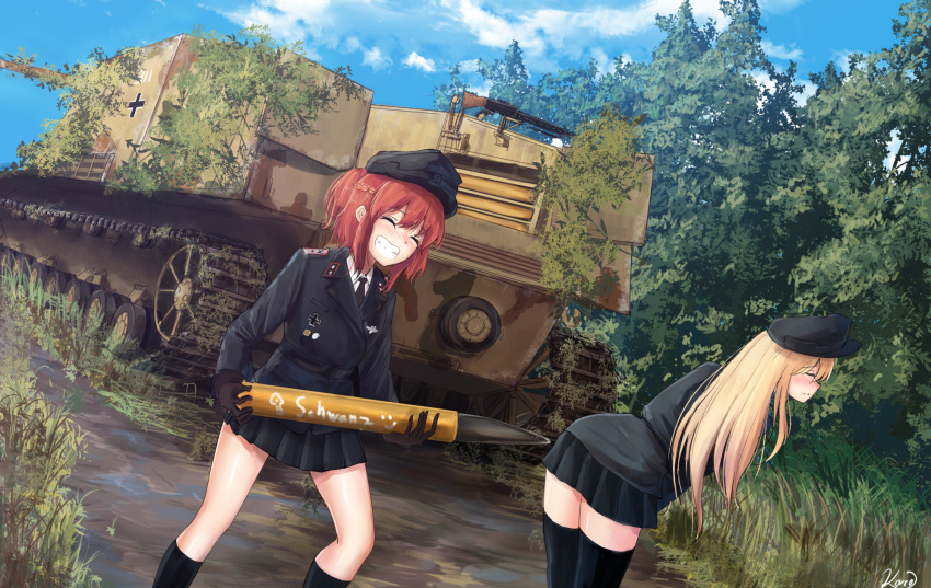 artist_name bent_over blush caterpillar_tracks closed_eyes forest gloves grass grin hat highres karo-chan long_hair military military_vehicle miniskirt nature necktie overgrown ponytail redhead skirt smile socks tank thigh-highs tree uniform vehicle zettai_ryouiki