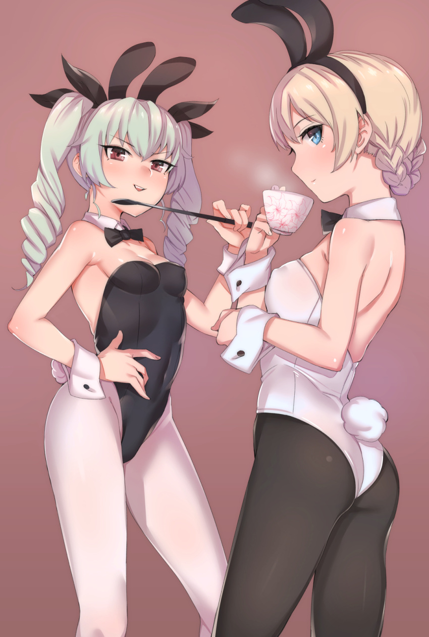 2girls anchovy animal_ears ass blonde_hair blue_eyes bowtie braid breasts bunny_tail bunnysuit covered_navel covered_nipples cup darjeeling detached_collar drill_hair fake_animal_ears girls_und_panzer green_hair highres inuhasiru long_hair multiple_girls pantyhose rabbit_ears riding_crop short_hair smile standing steam tail teacup twin_drills twintails white_legwear wrist_cuffs