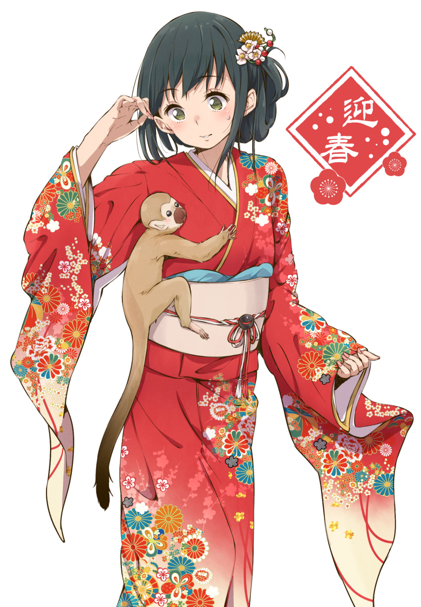 1girl black_hair blush floral_print flower folded_hair green_eyes haine hair_flower hair_ornament hair_tucking highres japanese_clothes kikumon kimono looking_down monkey nail_polish new_year obi original parted_lips sash sleeves_past_wrists sweatdrop white_background