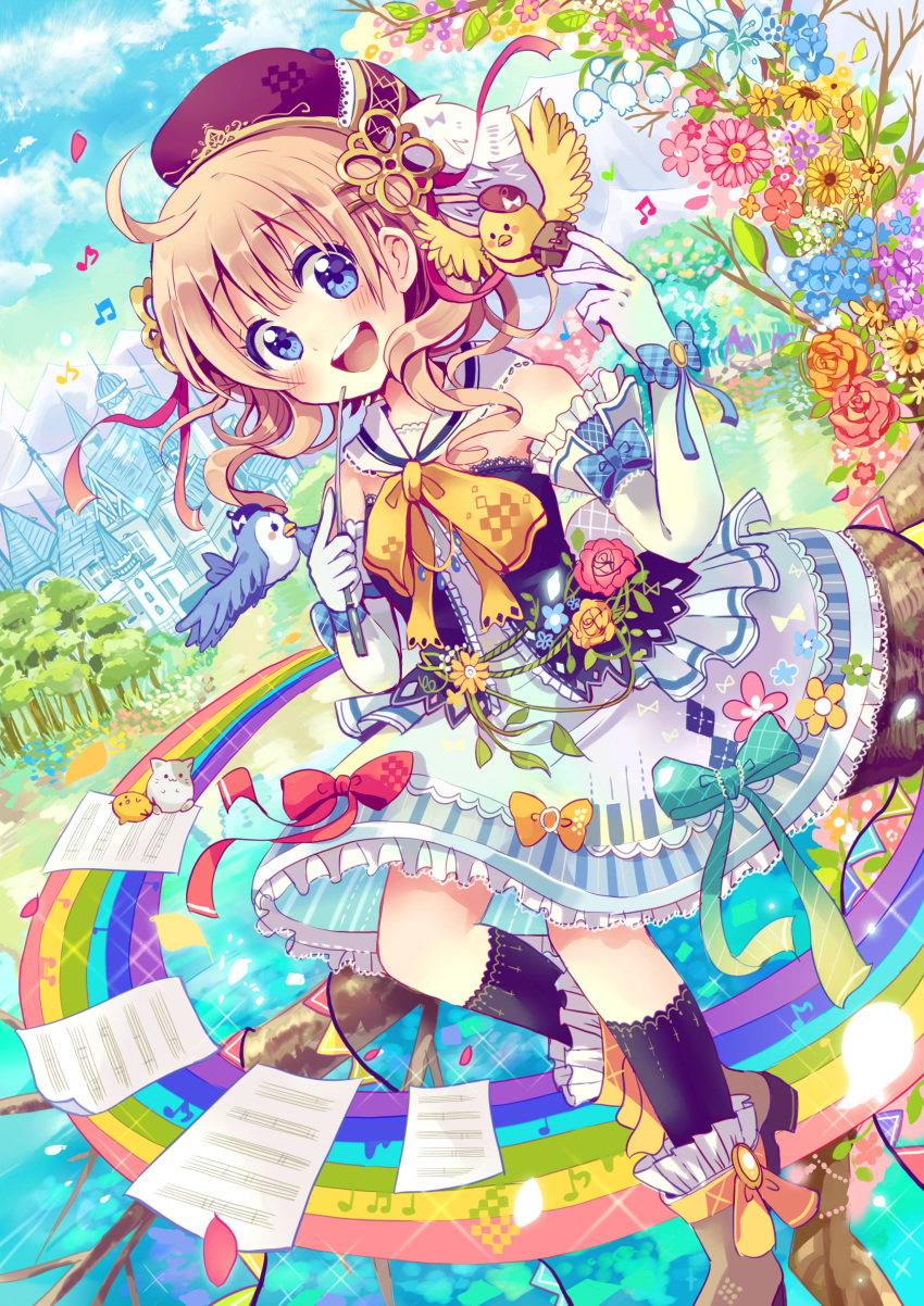 1girl :d absurdres ahoge argyle bangs bare_shoulders baton_(instrument) beret bird black_legwear blue_eyes blush boots bow brown_hair cat colorful daisy dress dutch_angle elbow_gloves flower frilled_boots frilled_dress frills gloves hair_ornament hair_ribbon happy hat highres in_tree kneehighs layered_dress light_brown_hair lily_(flower) lily_of_the_valley looking_at_viewer mountain musical_note niikura_kaori open_mouth original pennant petals piano_print plaid plaid_bow print_dress rainbow ribbon rose sheet_music short_hair sitting sitting_in_tree sky smile solo spire string_of_flags town tree tree_branch white_gloves
