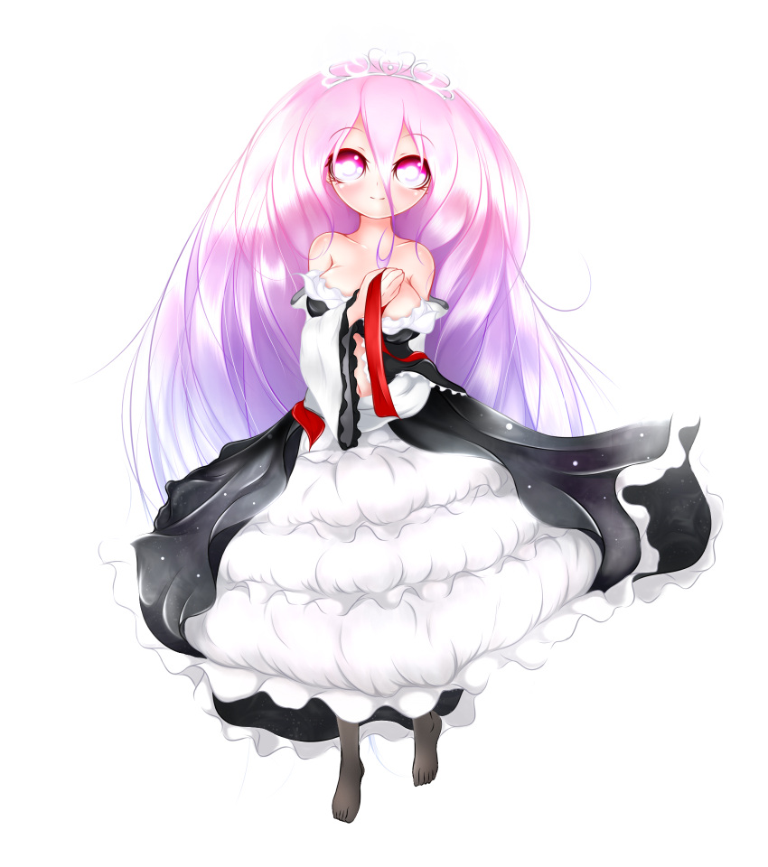 1girl absurdly_long_hair bare_shoulders blush breasts center_opening cleavage denka_plus dress gothic_lolita highres large_breasts lolita_fashion long_hair looking_at_viewer midriff original pantyhose pink_eyes pink_hair raspberry_trifle smile solo tachi-e tiara very_long_hair