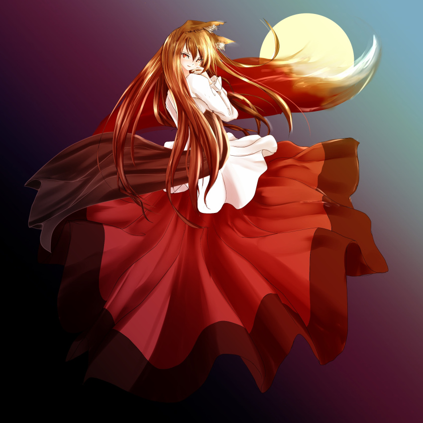 1girl animal_ears brown_hair dress full_moon gradient gradient_background highres imaizumi_kagerou jewelry long_sleeves looking_at_viewer moon nyago red_eyes solo tail touhou wide_sleeves wolf_ears wolf_tail