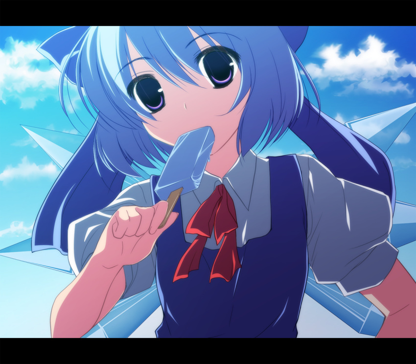 1girl blue_eyes blue_hair bow cirno food hair_bow ice_cream letterboxed neck_ribbon po_(pixiv) popsicle ribbon short_hair solo touhou wings