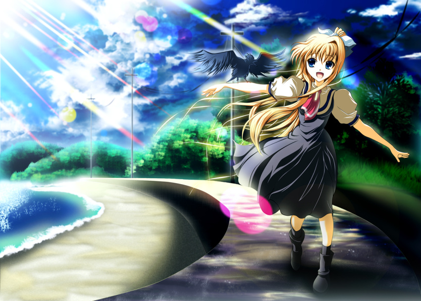 beach bird bird_on_arm blonde_hair blue_eyes boon cloud crow hair_ribbon kamio_misuzu long_hair outstretched_arms power_lines ribbon school_uniform sky skyt2 sora sora_(air) spread_arms water