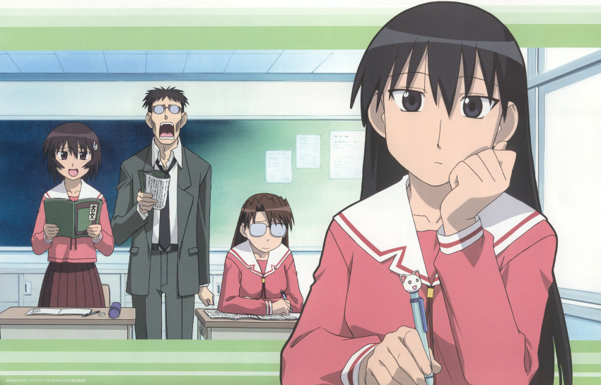 azumanga_daioh black_hair brown_eyes brown_hair classroom desk glasses highres kagura kimura long_hair mizuhara_koyomi official_art sakaki school_uniform seifuku