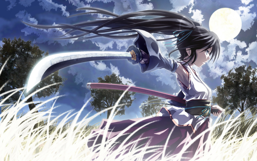 blue_eyes detached_sleeves from_ground full_moon grass hair_ribbon hatsune_miku japanese_clothes k2pudding katana long_hair miko moon night ribbon sword twintails vocaloid wallpaper weapon wind