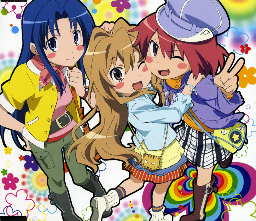 aisaka_taiga bag blue_eyes blue_hair boots brown_eyes brown_hair casual fashion hat highres kawashima_ami kushieda_minori long_hair official_art palmtop_tiger purse red_eyes red_hair short_hair tiger toradora! v watch wink wristwatch