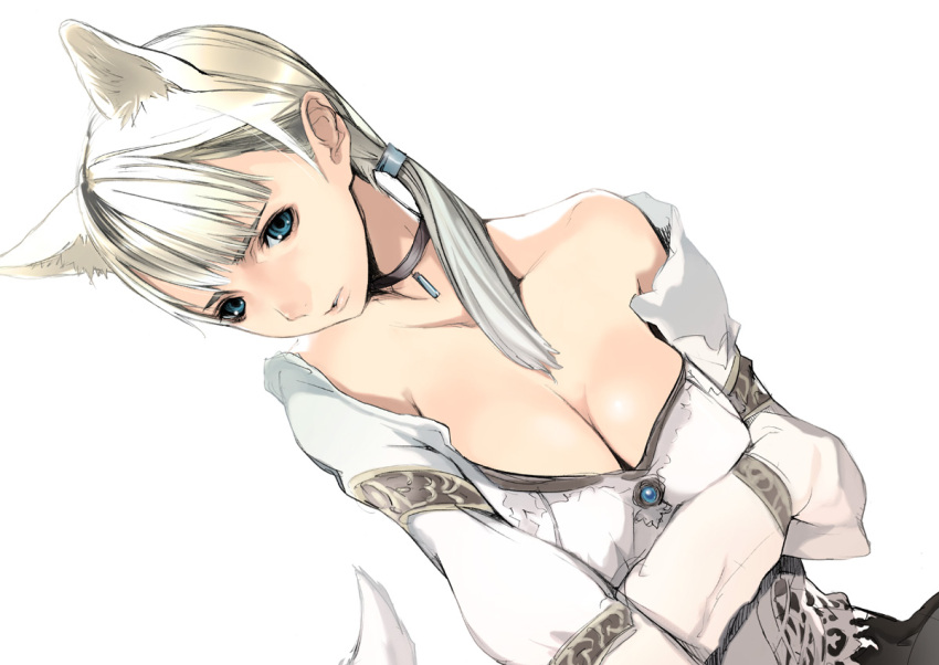 1girl animal_ears bangs bare_shoulders blonde_hair blouse blue_eyes breasts brooch capcom choker cleavage demento dog_ears dog_girl dog_tail dutch_angle fiona_belli hair_over_shoulder hair_tie houden_eizou jewelry nekomimi ponytail solo tail white_background