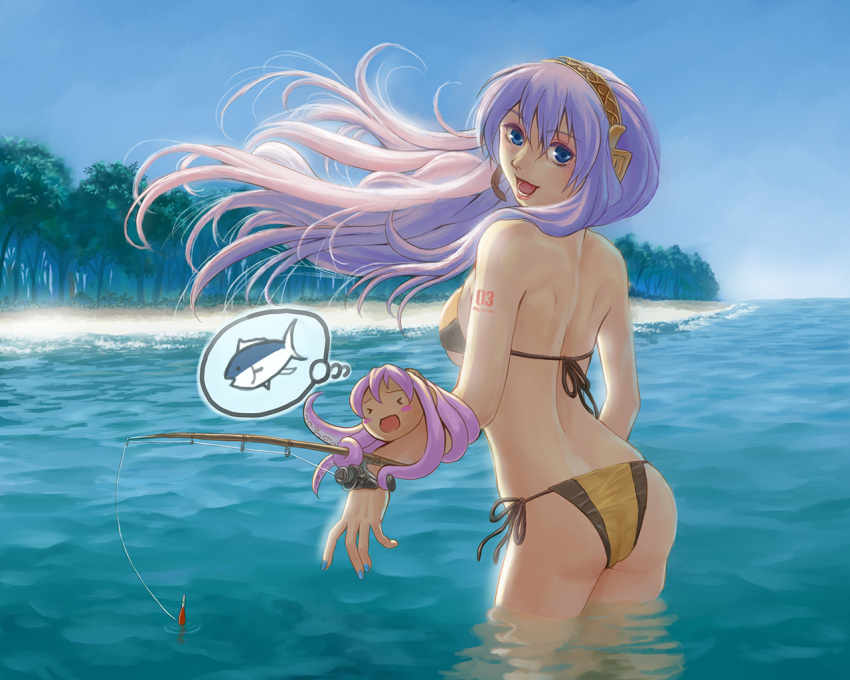 &gt;_&lt; 1girl ass beach bikini blush crypton_future_media dual_persona fish fishing_rod long_hair looking_at_viewer megurine_luka open_mouth parted_lips partially_submerged purple_hair solo swimsuit takoluka tree violet_eyes vocaloid water yamaha_(company)