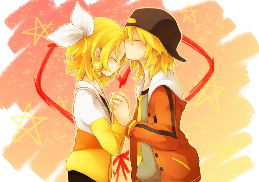 baseball_cap blonde_hair casual closed_eyes earrings forehead_kiss hair_ribbon hana_(mew) hat holding_hands hoodie jewelry juvenile_(vocaloid) kagamine_len kagamine_rin kiss nail_polish ribbon short_hair siblings twins vocaloid