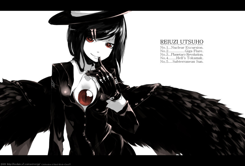 alternate_costume alternate_hairstyle black_hair black_wings eyes finger_to_mouth formal gloves hair_ornament hairclip hat highres long_hair looking_at_viewer monochrome open_clothes open_shirt oso oso_(toolate) pant_suit red_eyes reiuji_utsuho shirt smirk solo spot_color suit symbol-shaped_pupils touhou wings
