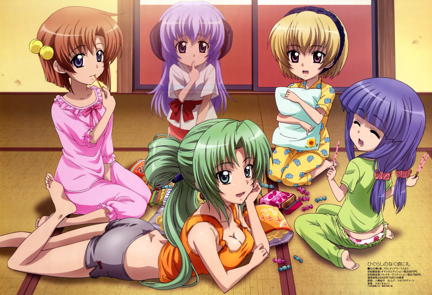 absurdres candy feet food furude_rika hairband hanyuu highres higurashi_no_naku_koro_ni horns houjou_satoko megami multiple_girls official_art pajamas panties pillow pocky potato_chips print_panties ryuuguu_rena scrunchie sonozaki_mion strawberry_panties strawberry_print tank_top underwear yahiro_yuuko