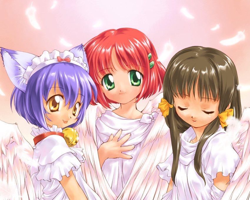 amber_eyes bell brown_hair catgirl green_eyes loli nekomimi purple_hair redhead wings