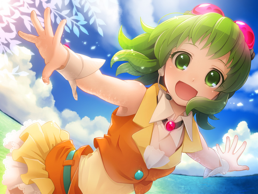 green_eyes green_hair gumi headset hima_(ab_gata) leaf ocean open_mouth outstretched_arms short_hair sky solo spread_arms vocaloid wrist_cuffs
