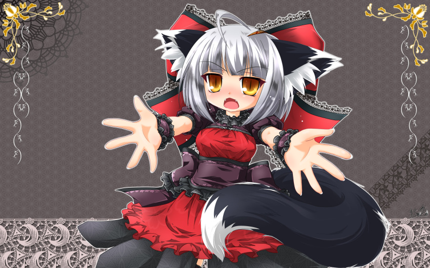 animal_ears armband blush bow catgirl dress fang fangs fox_ears fox_tail frills gothic gothic_lolita hair_bow hair_ornament hairclip highres japanese_clothes kazami_karasu lace large_bow lolita_fashion open_mouth original outstretched_arms red_dress ribbon ribbons sash short_hair silver_hair slit_pupils solo spread_arms tail wallpaper white_hair yellow_eyes