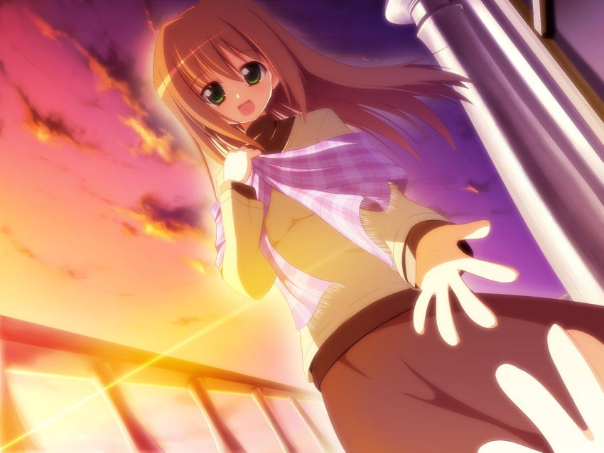brown_hair green_eyes hands hayate_no_gotoku! highres hoppege long_hair outstretched_arm outstretched_hand reaching sanzen'in_yukariko scarf sunset