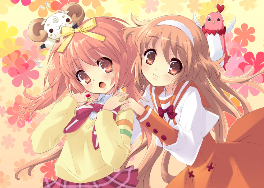 :3 :o akihime_sumomo alice_(miori) alice_parade antennae bird blush_stickers bow bowtie brown_hair crossover emudori flat_chest flower flying glasses hair_bow hairband hands_on_shoulders heart horns itou_noiji jewelry lamb leaning_forward long_hair looking_down miori_(alice_parade) multiple_girls nanatsuiro_drops o_o object_on_head official_art open_mouth pince-nez pink_eyes pink_hair plaid plaid_skirt ring school_uniform serafuku skirt smile striped surprised sweatdrop sweater twintails very_long_hair yuki-chan