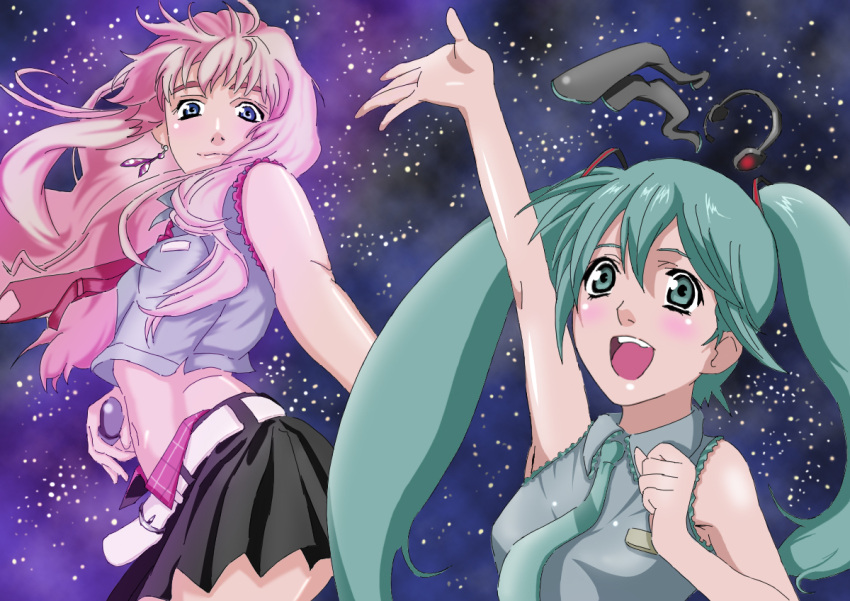 blue_eyes cosplay crossover green_eyes green_hair hatsune_miku hatsune_miku_(cosplay) headset macross macross_frontier microphone midriff multiple_girls necktie pink_hair ranka_lee ryodafone3g sheryl_nome skirt twintails vocaloid