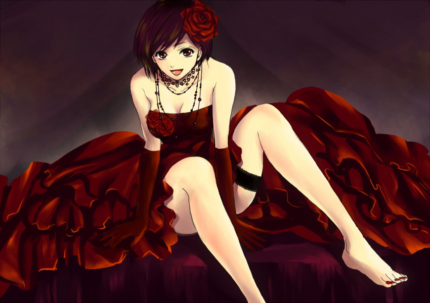 :d bare_legs bare_shoulders barefoot brown_hair dress elbow_gloves flower formal gloves hair_flower hair_ornament jewelry leaning_forward meiko nail_polish necklace open_mouth red red_dress red_eyes red_lipstick rose sanho short_hair sitting smile solo thigh_strap vocaloid