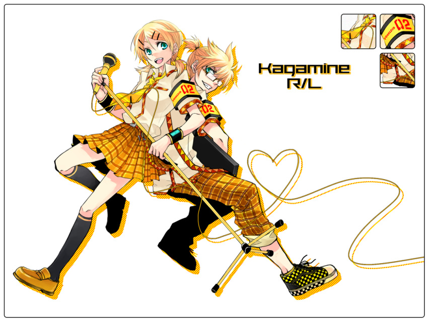 armband back-to-back blonde_hair casual checkered instrument kagamine_len kagamine_rin kagekichirou kneehighs microphone microphone_stand necktie plaid short_hair siblings skirt socks twins twintails vocaloid