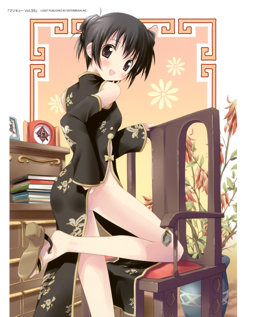 5_nenme_no_houkago absurdres bare_shoulders black_hair blush chair china_dress chinadress chinese_clothes detached_sleeves double_bun highres kantoku looking_back nopan original smile solo