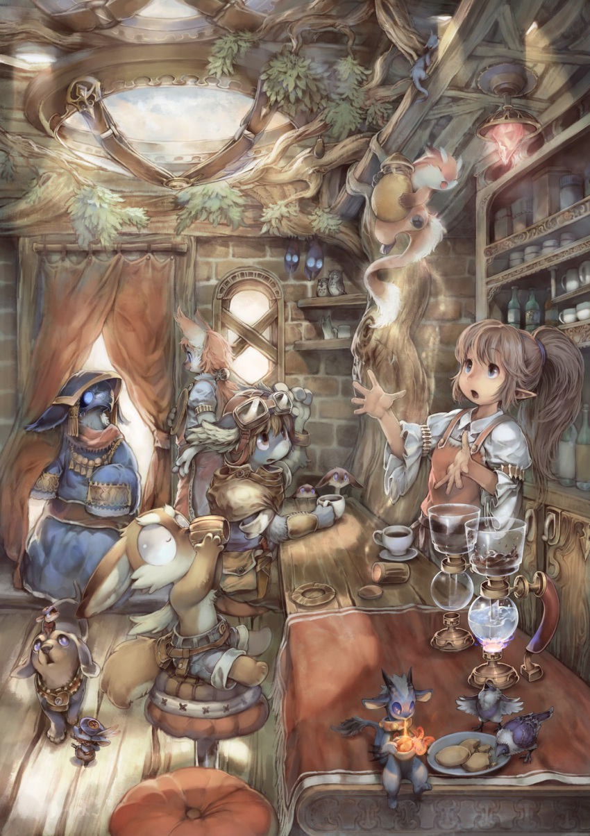 animal bar_stool bird cat chair cookie cup dog drink drinking eating everyone fantasy ferret food furry glass goggles highres leaf magic mask mouse murayama murayama_ryouta owl pink_hair pointy_ears ponytail shop sunlight surprised tree window
