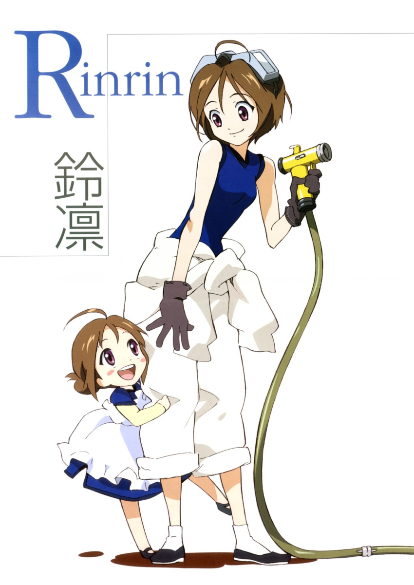 brown_hair child dress dual_persona gloves goggles happy highres hose mother_and_daughter purple_eyes rinrin short_hair sister_princess smile time_paradox violet_eyes