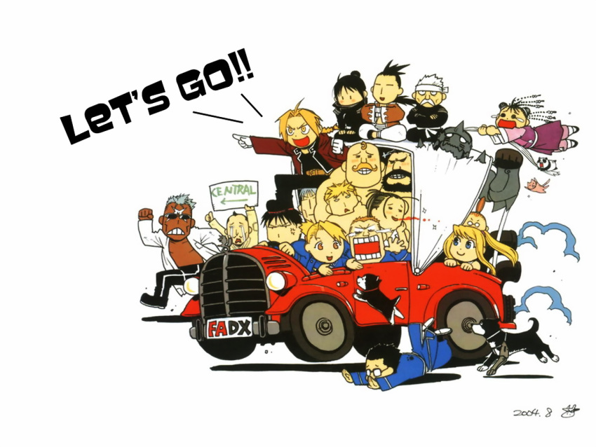 alex_luis_armstrong alphonse_elric arakawa_hiromu armor black_hayate blood car chibi crying den_(fullmetal_alchemist) dog edward_elric everyone fu fullmetal_alchemist heymans_breda izumi_curtis jean_havoc kain_fuery lan_fan lieutenant_yoki ling_yao may_chang motor_vehicle official_art panda pinako pinako_rockbell riza_hawkeye roy_mustang scar_(fullmetal_alchemist) sig_curtis sign streaming_tears tears vato_falman vehicle winry_rockbell xiao-mei yoki_(fullmetal_alchemist)