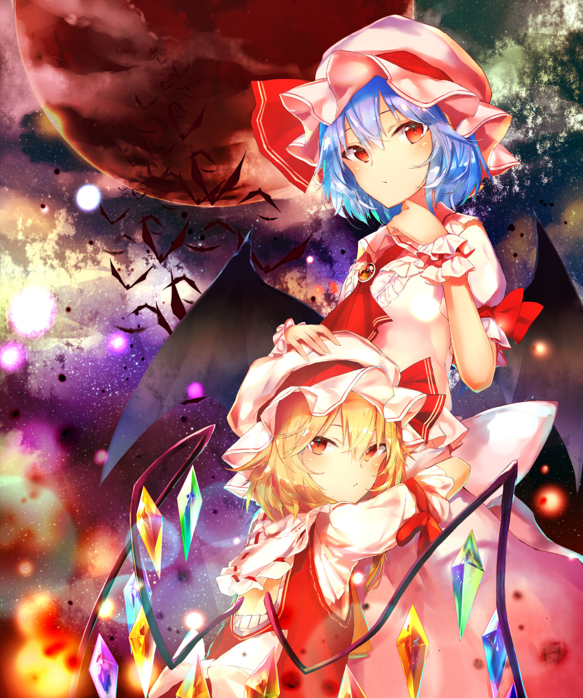 2girls ascot bat_wings blonde_hair blue_hair blush bow brooch commentary_request crystal dress flandre_scarlet frilled_shirt_collar frills hair_between_eyes hand_on_another's_head hand_up hat hat_ribbon highres hug jewelry light_particles looking_at_viewer looking_back mob_cap moon multiple_girls pink_hat puffy_short_sleeves puffy_sleeves red_eyes red_moon red_neckwear red_ribbon red_vest remilia_scarlet ribbon sakusyo short_hair short_sleeves siblings sisters sky star_(sky) starry_sky touhou upper_body vest white_bow white_dress white_hat wings wrist_cuffs yellow_neckwear