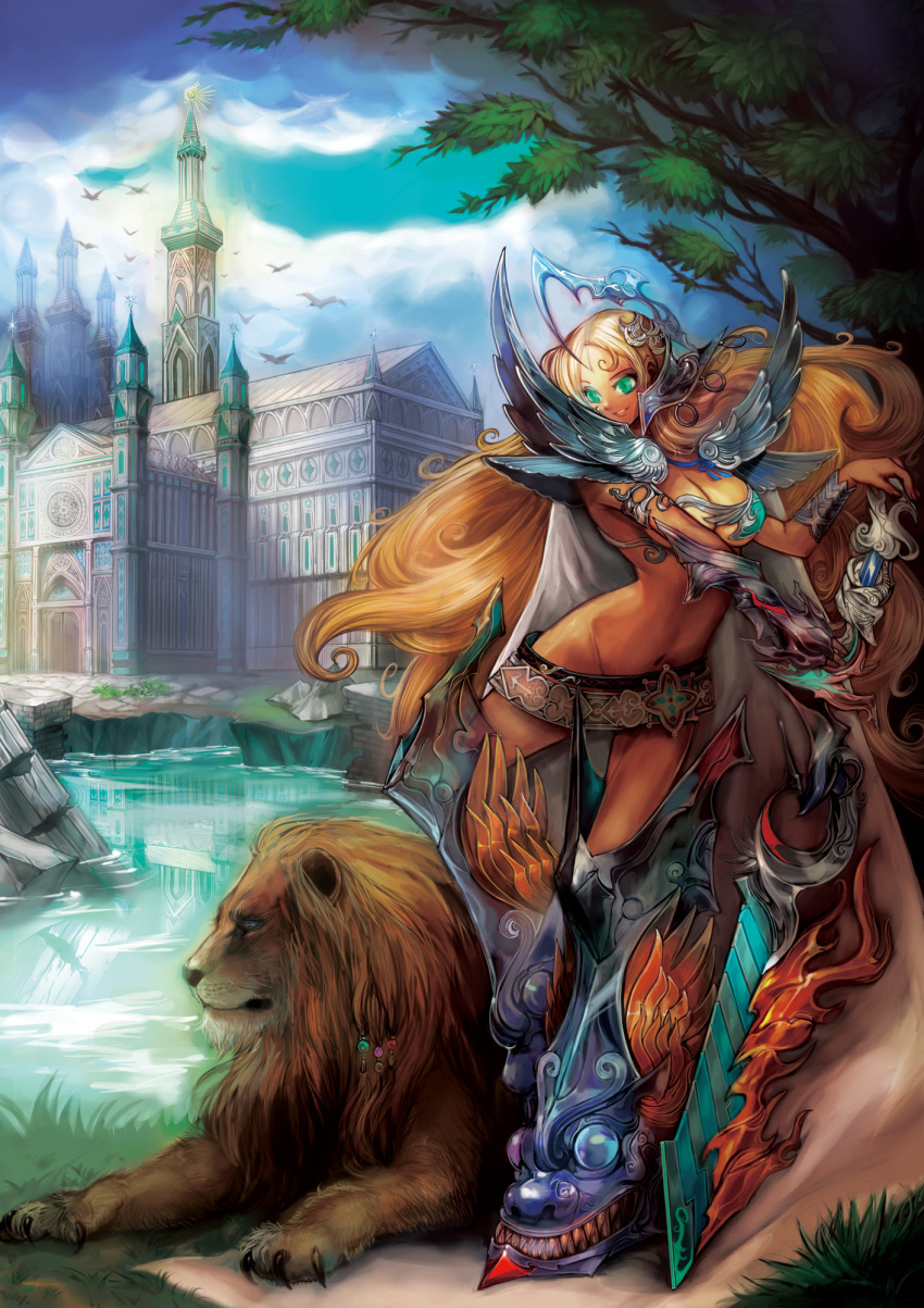 bikini_armor bird blonde_hair bracer breasts castle cleavage greaves green_eyes highres large_breasts lion long_hair midriff moreshan navel original sky sword tree weapon