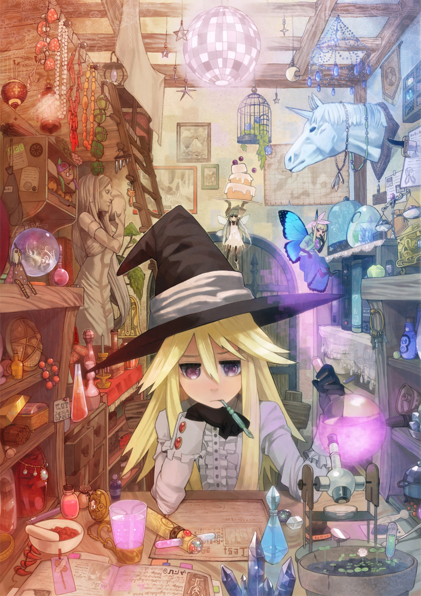 blonde_hair book cage cake disco_ball fairy flask flower food gloves hat highres jewelry kotetu ladder mouth_hold mushroom necklace original pastry pen purple_eyes room statue tsurusaki_yuu unicorn violet_eyes wings witch witch_hat
