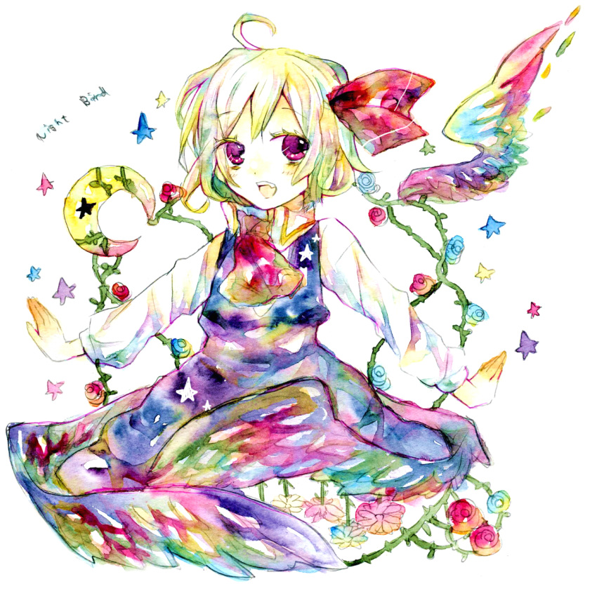 blonde_hair colorful crescent flower hair_ribbon legomaru necktie outstretched_arms red_eyes ribbon rumia short_hair solo spread_arms touhou traditional_media watercolor watercolor_(medium)