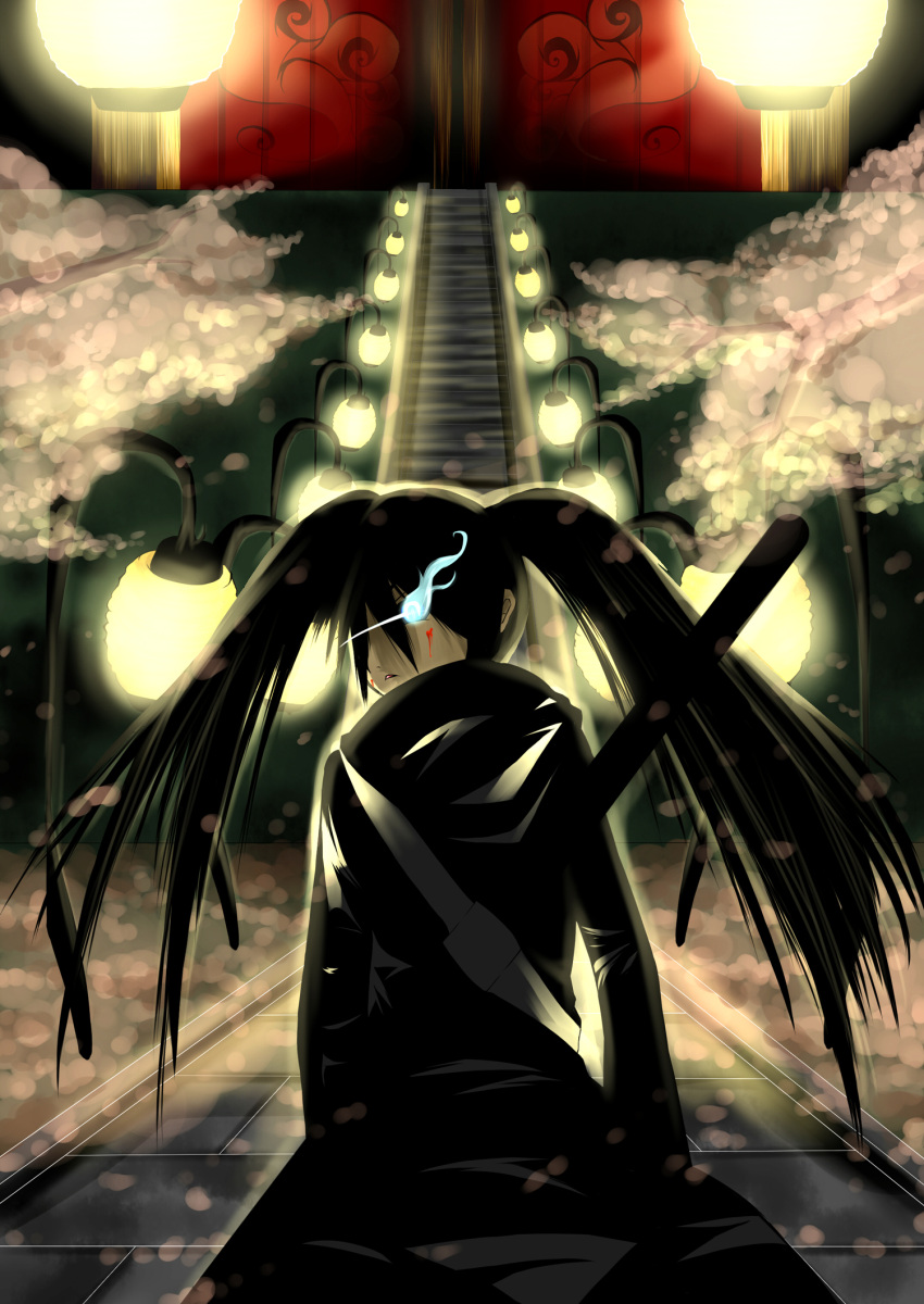 black_rock_shooter black_rock_shooter_(character) blood blue_eyes cherry_blossoms coat glowing glowing_eyes highres katana lamp lantern long_hair looking_back rannosuke solo stairs sword twintails uneven_twintails weapon