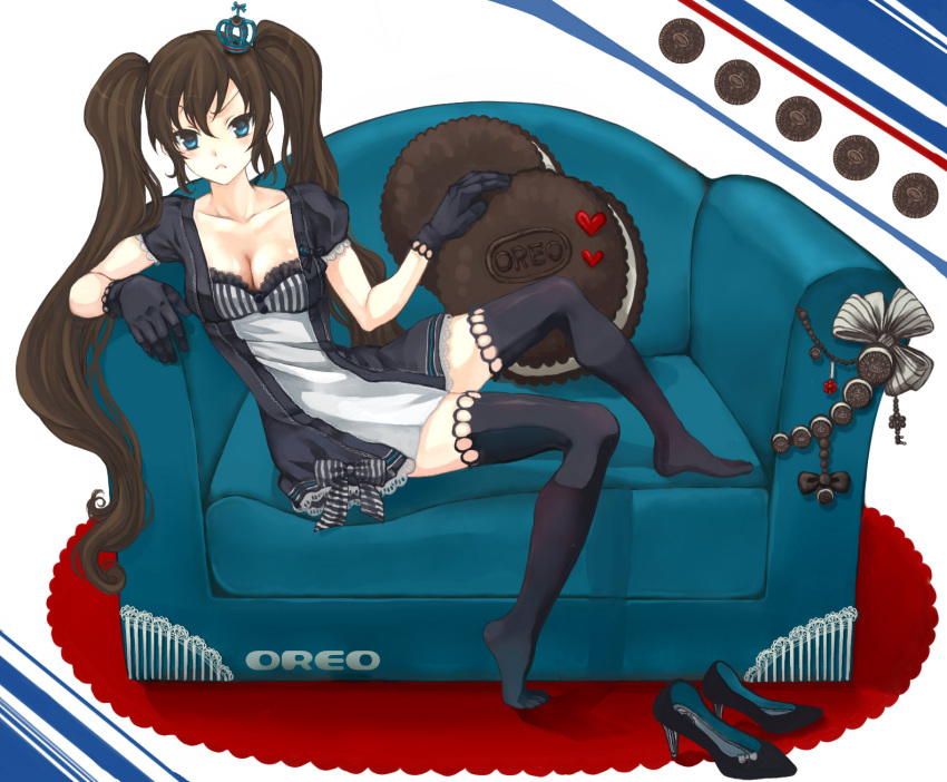 anko_kinako blue_eyes breasts brown_hair cleavage couch gloves heart high_heels highres legs long_hair oreo original product_placement shoes shoes_off sitting thigh-highs thighhighs twintails