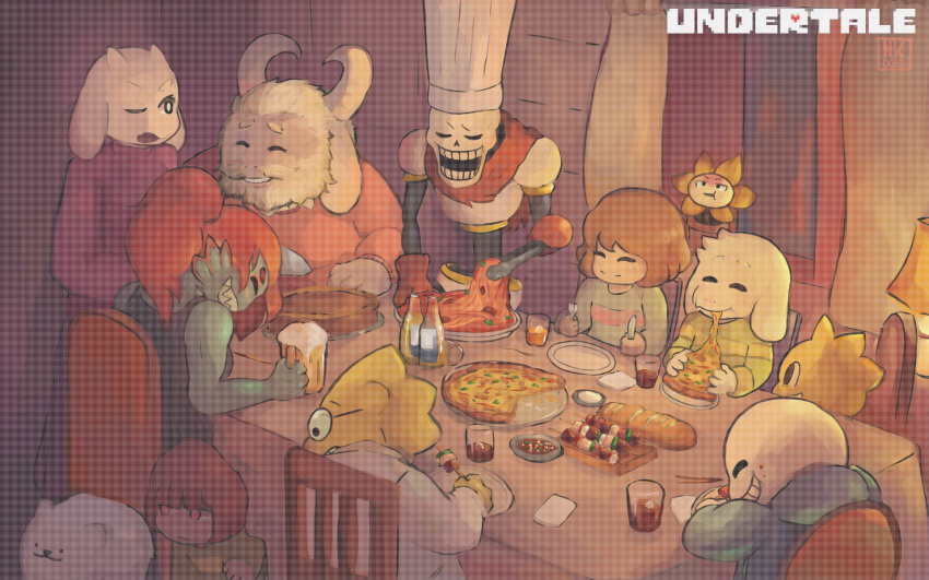 3girls 4boys alcohol alphys androgynous armor asgore_dreemurr asriel_dreemurr baguette beard beer blonde_hair blush_stickers bread brown_hair caribun chara_(undertale) chef_hat crossed_out dinner eating english everyone facial_hair flowey_(undertale) food frisk_(undertale) goat_ears hat highres hood hoodie horns kebab littlebigkid2000 monster_boy monster_girl monster_kid_(undertale) multiple_boys multiple_girls napkin oven_mitts papyrus_(undertale) pasta photoshop pie pizza ponytail red_eyes redhead sans scarf shirt sitting skewer smile spaghetti spoilers striped striped_shirt sweater thumbnail_surprise time_paradox tongs toriel under_table undertale undyne
