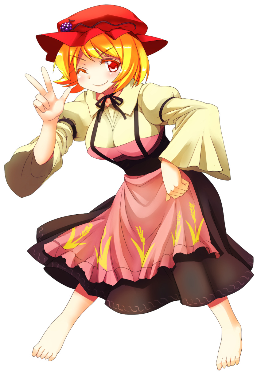 1girl aki_minoriko apron barefoot blonde_hair breasts food fruit grapes hat highres juliet_sleeves large_breasts long_sleeves mob_cap mono_(moiky) one_eye_closed puffy_sleeves red_eyes shirt skirt smile solo touhou wide_sleeves