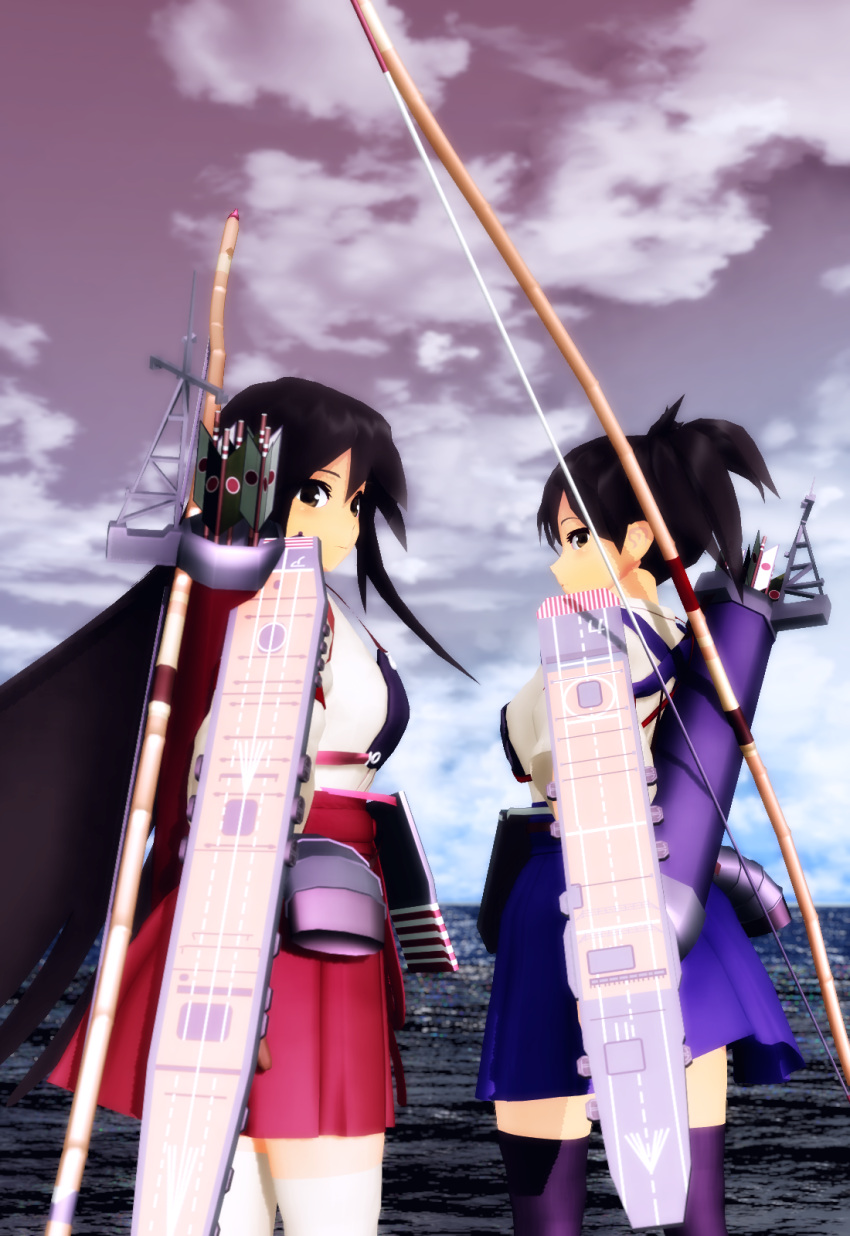 2girls 3d akagi_(kantai_collection) arrow bow_(weapon) flight_deck hakama_skirt highres japanese_clothes kaga_(kantai_collection) kantai_collection mikumikudance multiple_girls muneate ocean side_ponytail weapon