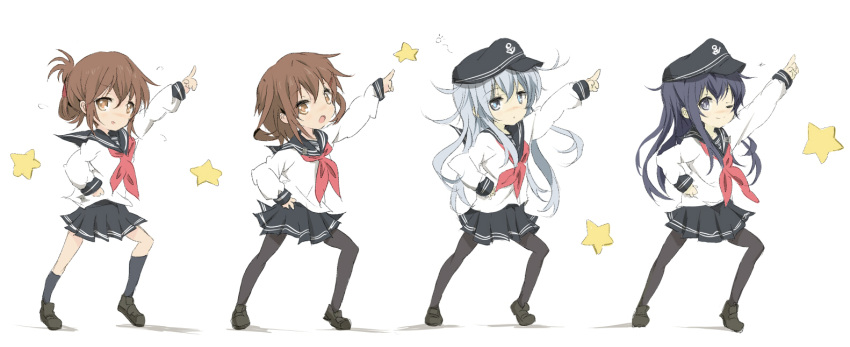 4girls akatsuki_(kantai_collection) anchor_symbol black_legwear blue_eyes blush brown_eyes brown_hair core_(mayomayo) dancing flat_cap folded_ponytail hair_ornament hairclip hat hibiki_(kantai_collection) ikazuchi_(kantai_collection) inazuma_(kantai_collection) index_finger_raised kantai_collection long_hair lucky_star multiple_girls one_eye_closed pantyhose parody pointing purple_hair school_uniform serafuku short_hair simple_background star violet_eyes