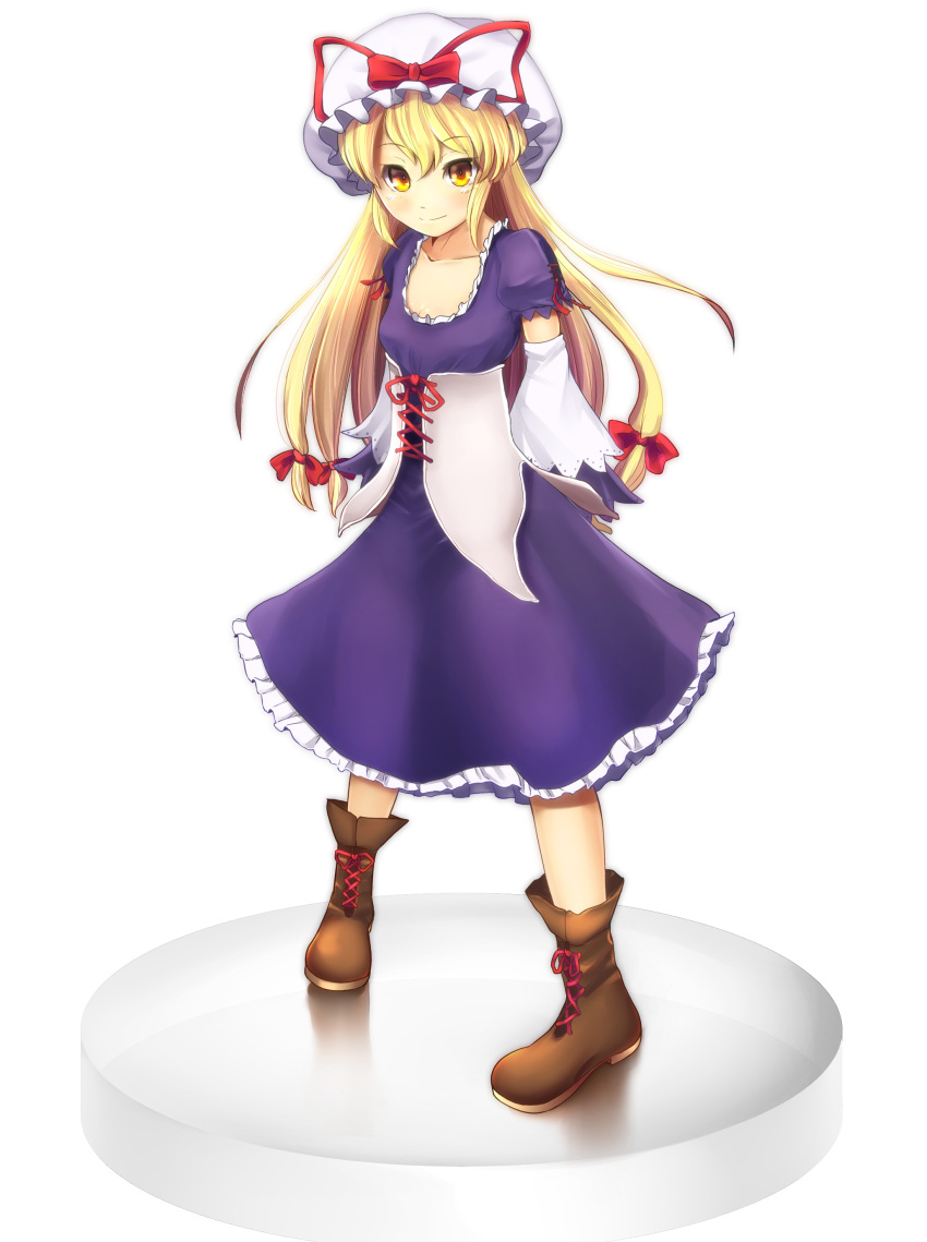 1girl absurdres bangs blonde_hair blush boots bow brown_boots corset detached_sleeves dress frilled_dress frills full_body hair_between_eyes hair_bow hat hat_bow hat_ribbon highres layered_sleeves lolikari long_hair mob_cap purple_dress ribbon shiny shiny_hair short_sleeves simple_background small_breasts smile solo standing tosi touhou very_long_hair white_background yakumo_yukari yellow_eyes