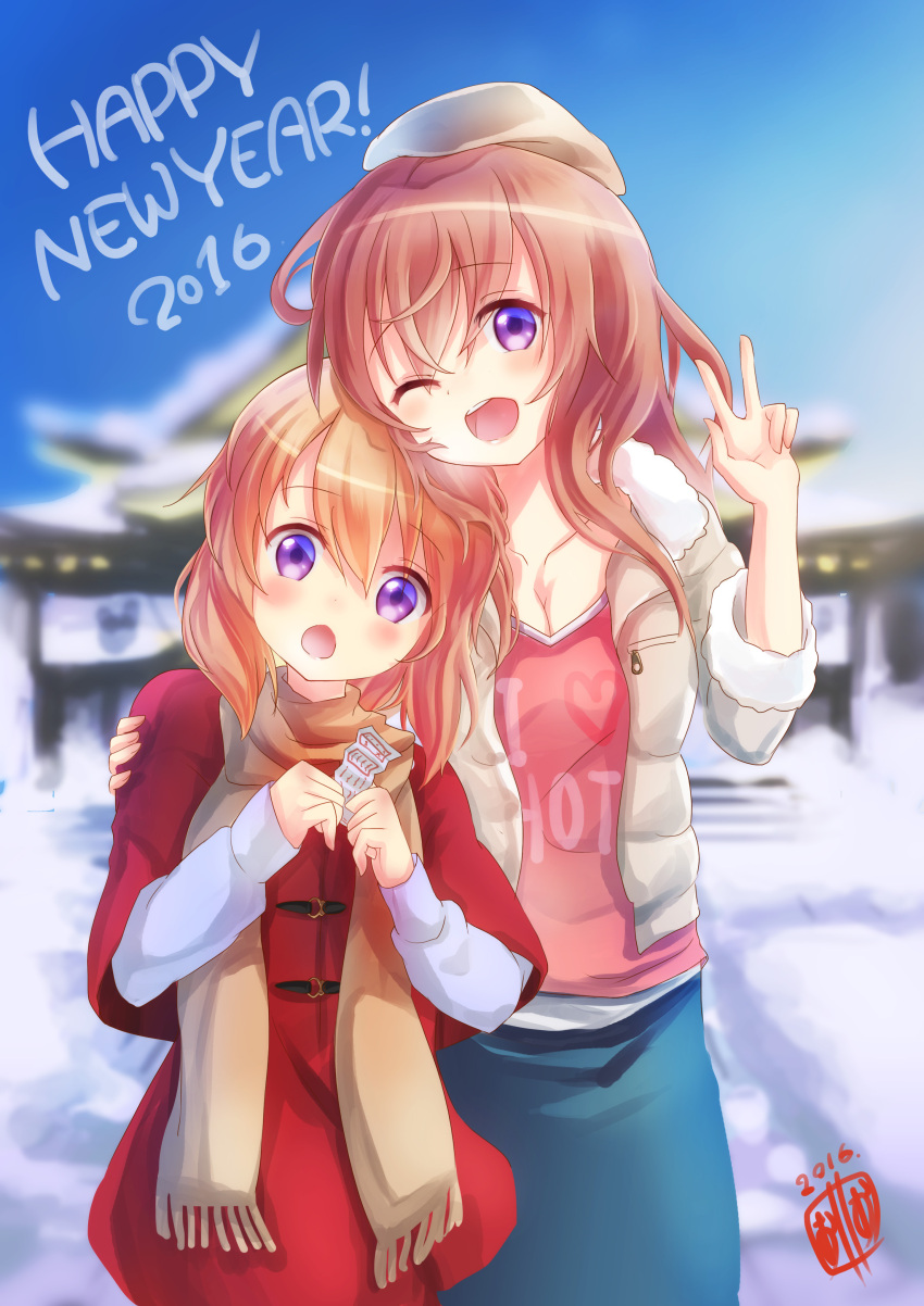 2016 2girls absurdres beret brown_hair gochuumon_wa_usagi_desu_ka? happy_new_year hat highres hoto_cocoa hoto_mocha jacket long_hair multiple_girls new_year orange_hair oshishio paper scarf short_hair siblings sisters v violet_eyes winter_clothes