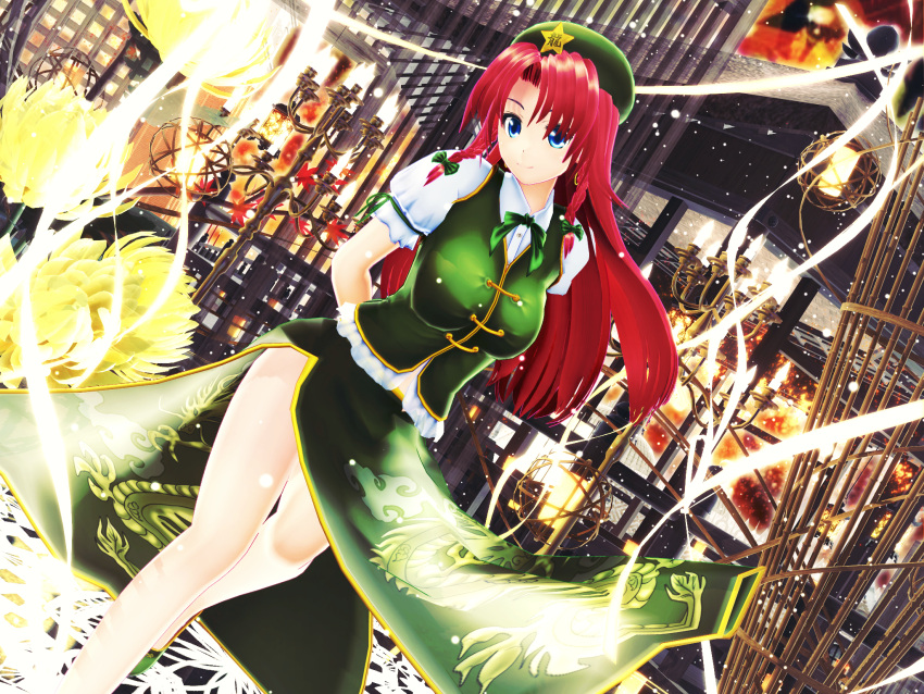 1girl 3d arched_back arms_behind_back beret blue_eyes bow braid breasts candlestand chinese_clothes collared_shirt dragon_print dutch_angle earrings energy fire flower green_shoes green_skirt hair_bow hat highres hips hong_meiling jewelry kurogoma_(glassesgurasan) light_particles long_hair long_skirt looking_to_the_side mikumikudance pelvic_curtain redhead ribbon shiny shiny_hair shirt shoes skirt skirt_lift smile solo star tangzhuang touhou twin_braids white_shirt wind