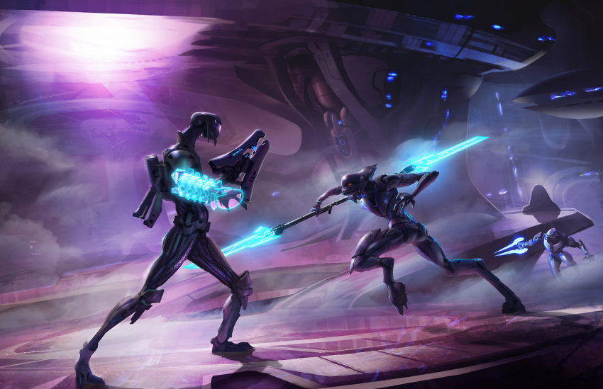 1girl 2boys alien armor assault_visor battle black_bodysuit bodysuit energy_barrier energy_blade energy_gun energy_shield energy_spear energy_sword energy_weapon facing_another fighting_stance full_armor glowing halo_(series) halo_mythos helmet holding holding_energy_gun holding_polearm holding_sword holding_weapon isaac_hannaford knee_armor multiple_boys orange_eyes plasma_rifle polearm power_armor purple_armor purple_assault_visor purple_helmet purple_light reflective_assault_visor san'shyuum sangheili science_fiction shadow spear standing sword tem'bhetek tul_'juran type-1_energy_sword weapon white_armor
