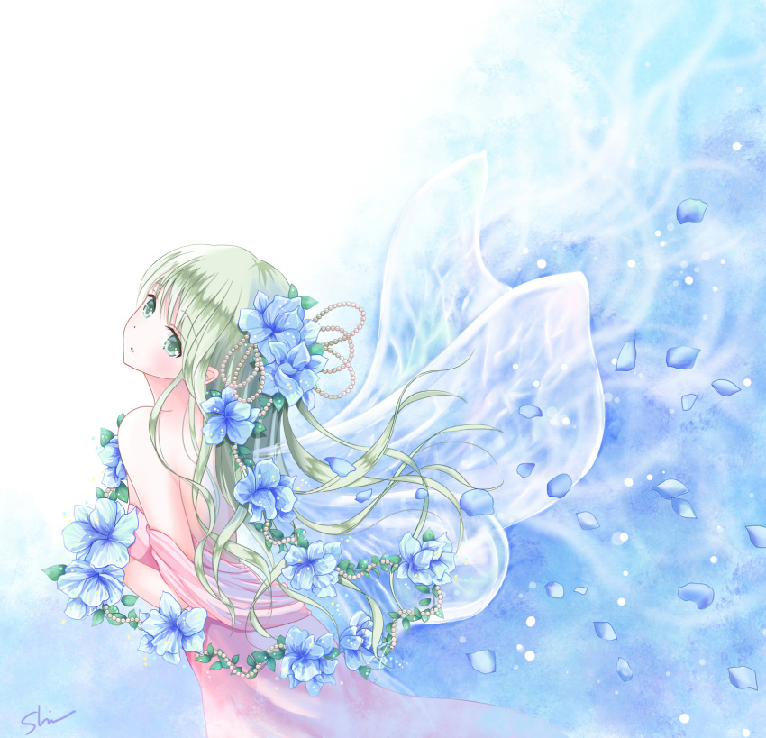 1girl back bangs bare_shoulders blue_background blue_flower blush cowboy_shot dress eyebrows eyebrows_visible_through_hair fairy flower from_side green_eyes green_hair hair_beads hair_flower hair_ornament highres long_hair original parted_lips petals shino_(shinderera) signature solo strapless_dress transparent_wings