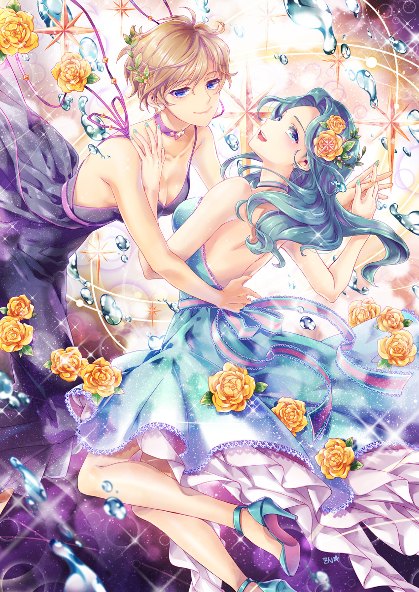 2girls :d alternate_costume aqua_hair back bangs bare_back bare_shoulders bishoujo_senshi_sailor_moon blonde_hair blue_dress blue_eyes blue_nails blue_shoes blurry bokeh breasts choker cleavage closed_mouth collarbone dancing depth_of_field dress flower glint hair_flower hair_ornament hand_on_another's_back hand_on_another's_shoulder high_heels highres holding_hands kaiou_michiru lace-trimmed_dress lace-trimmed_ribbon leaning_back leaning_forward lens_flare long_dress long_hair looking_at_viewer motion_blur multiple_girls nail_polish open_mouth purple_dress purple_ribbon ribbon shoes short_hair signature sleeveless sleeveless_dress smile spaghetti_strap sparkle star strapless_dress ten'ou_haruka water yellow_flower yellow_nails yuri zenyu