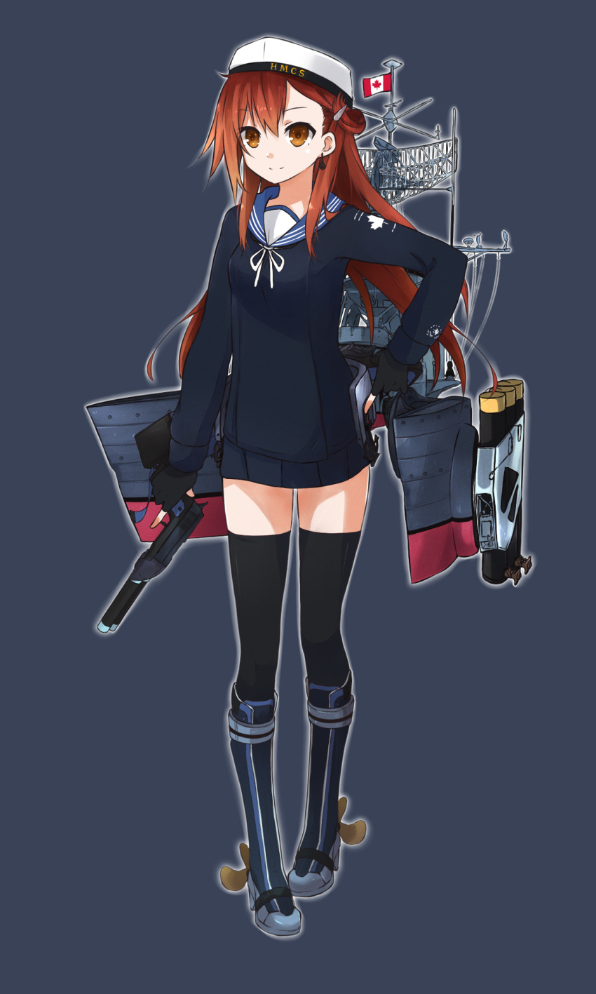 1girl black_legwear brown_hair canada commentary highres hmcs_haida kantai_collection long_hair myuto_(advent_retribution) original personification royal_canadian_navy simple_background solo thigh-highs